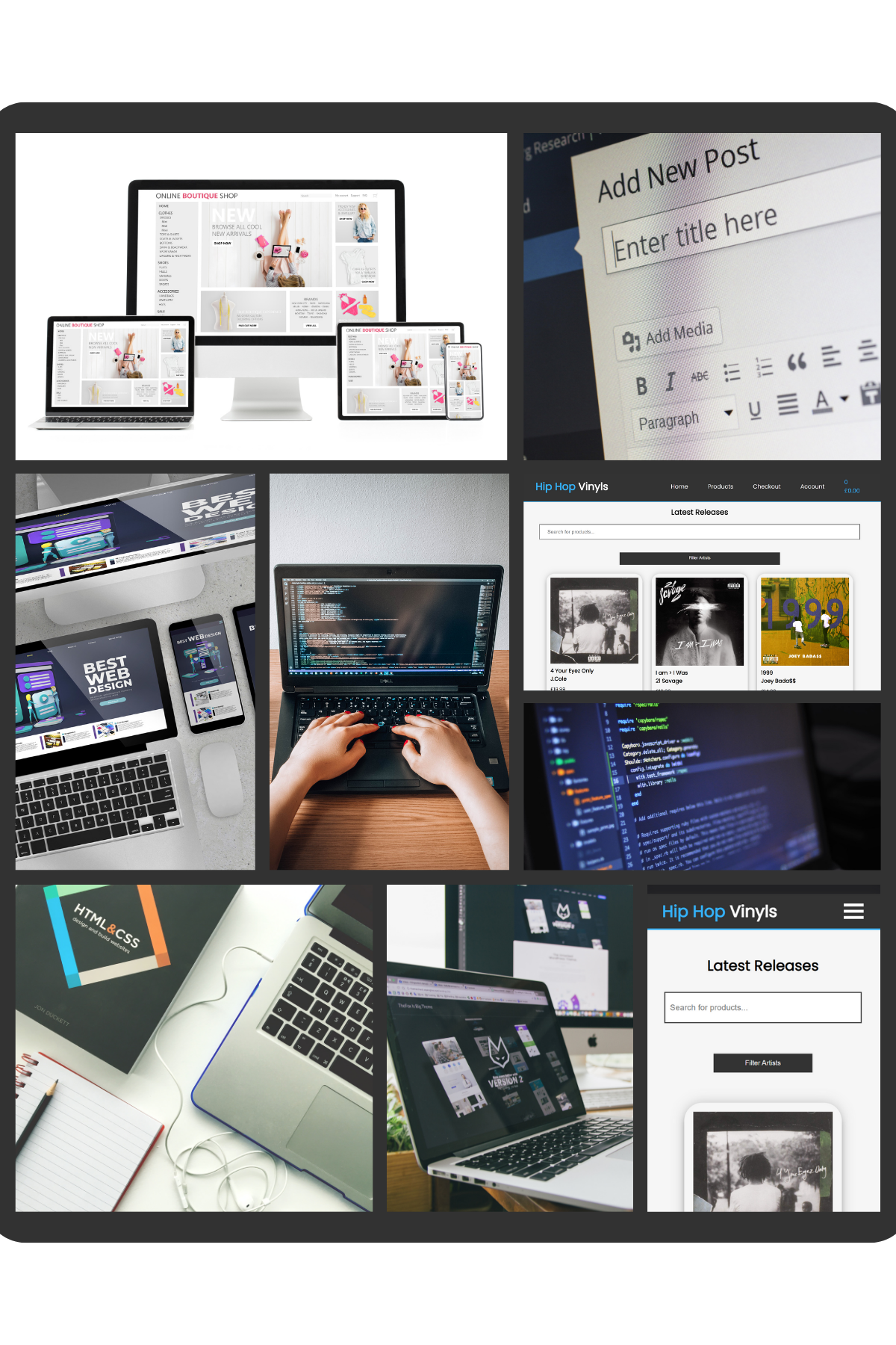 Collage of website editing, design, CMS and code